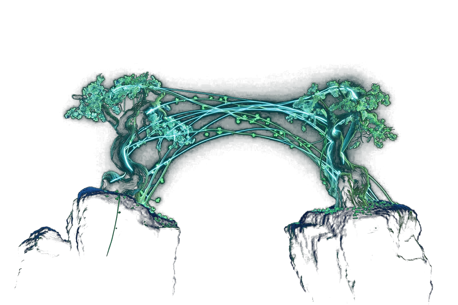 Two trees whose glowing branches meet over a bridge