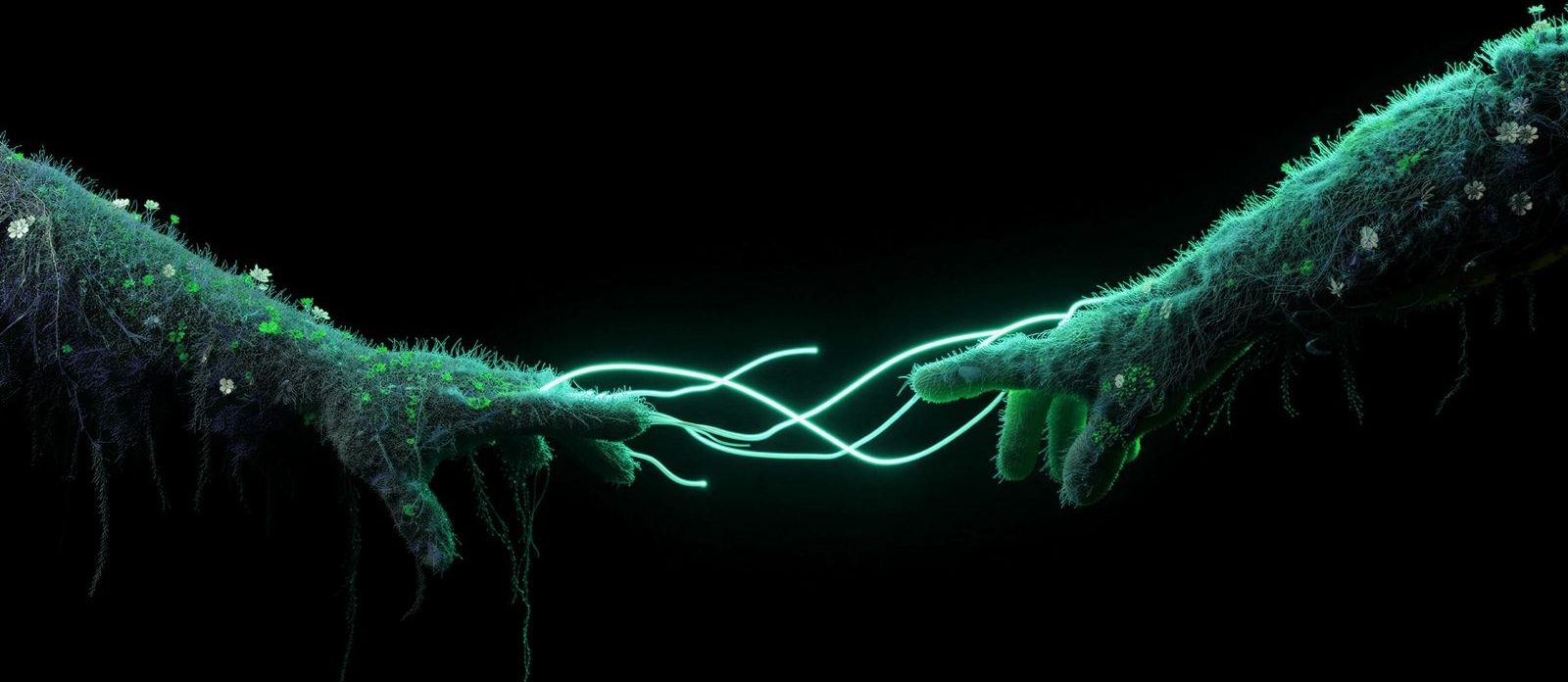 Two hands made of roots, touching, glowing green