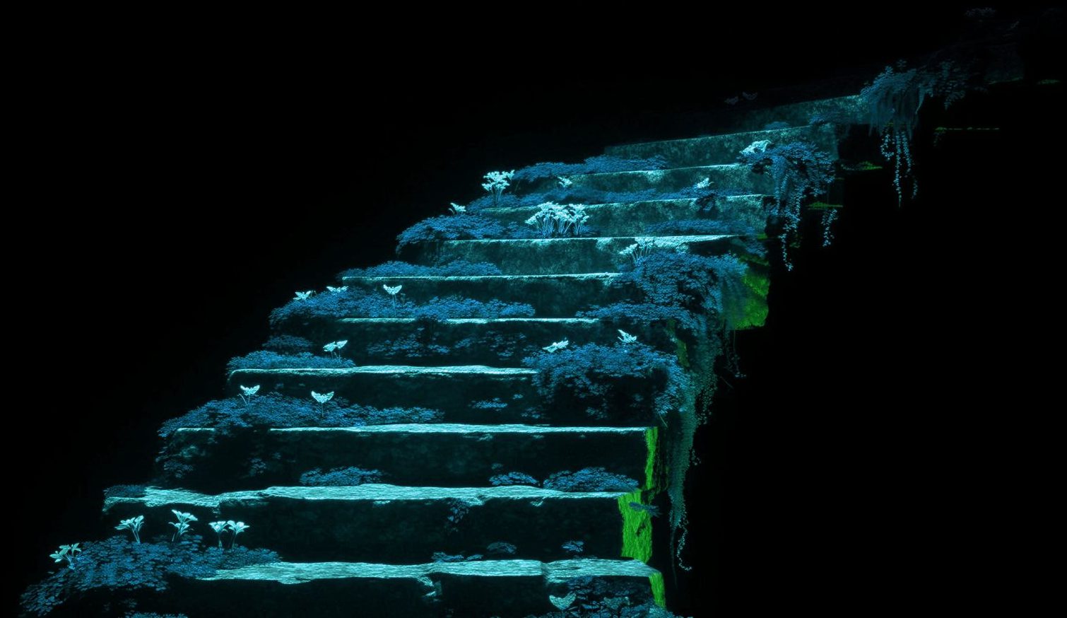 A stone staircase overgrown with moss and plants, lit green