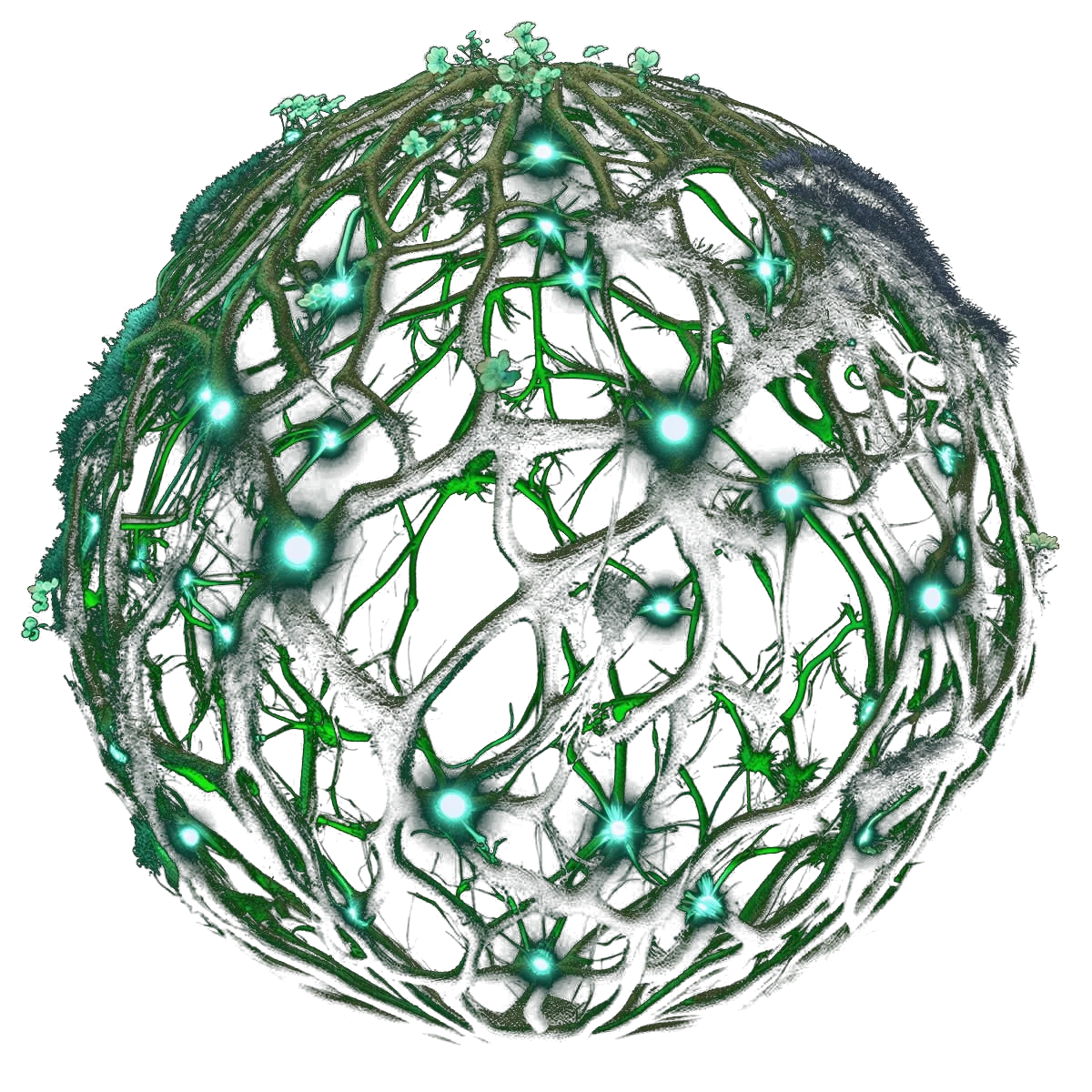 A sphere of glowing roots and branches, like a net around the earth